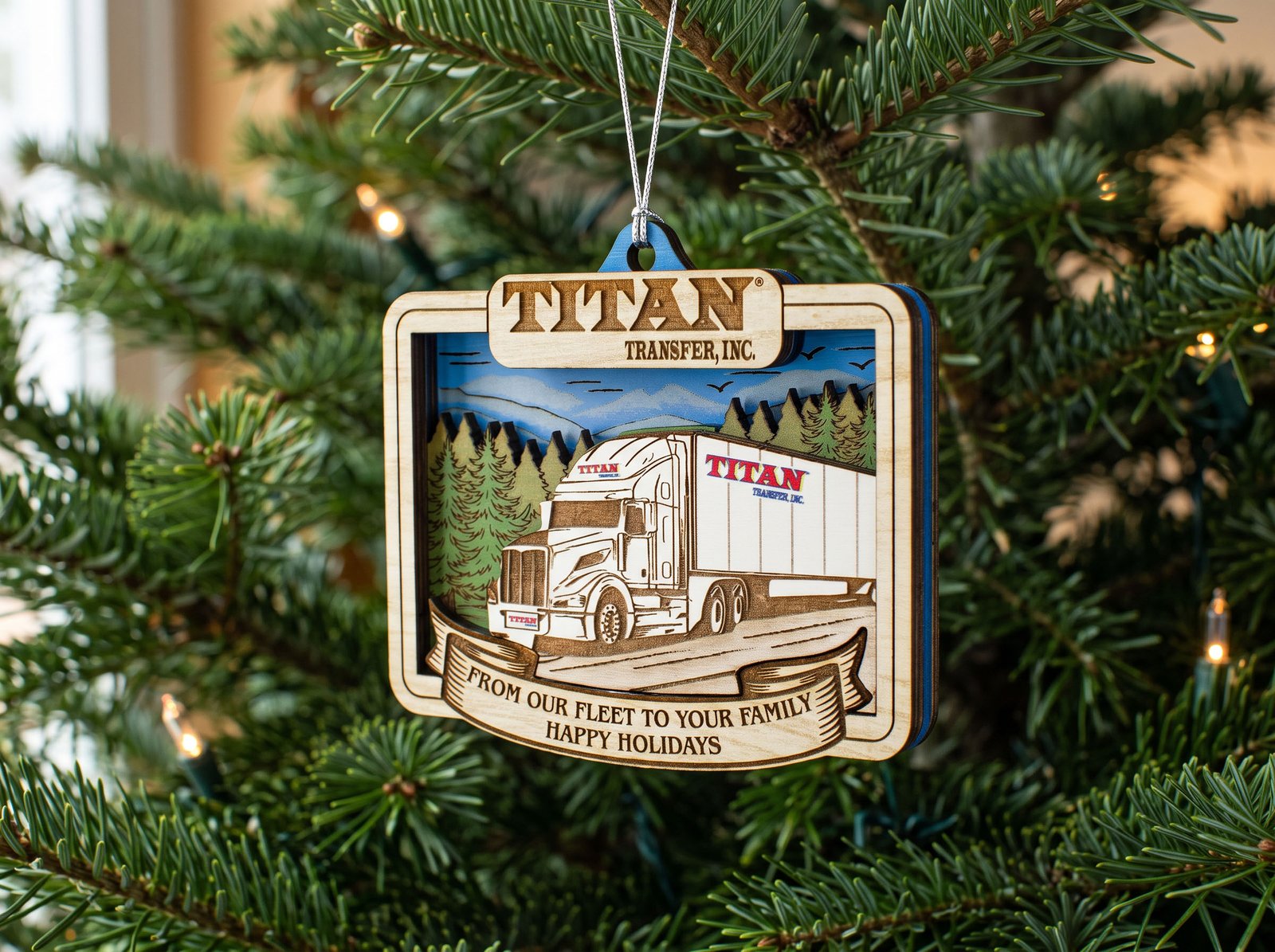 Custom wood holiday ornament featuring a semi truck for Titan Transfer, Inc., "From our fleet to your family"
