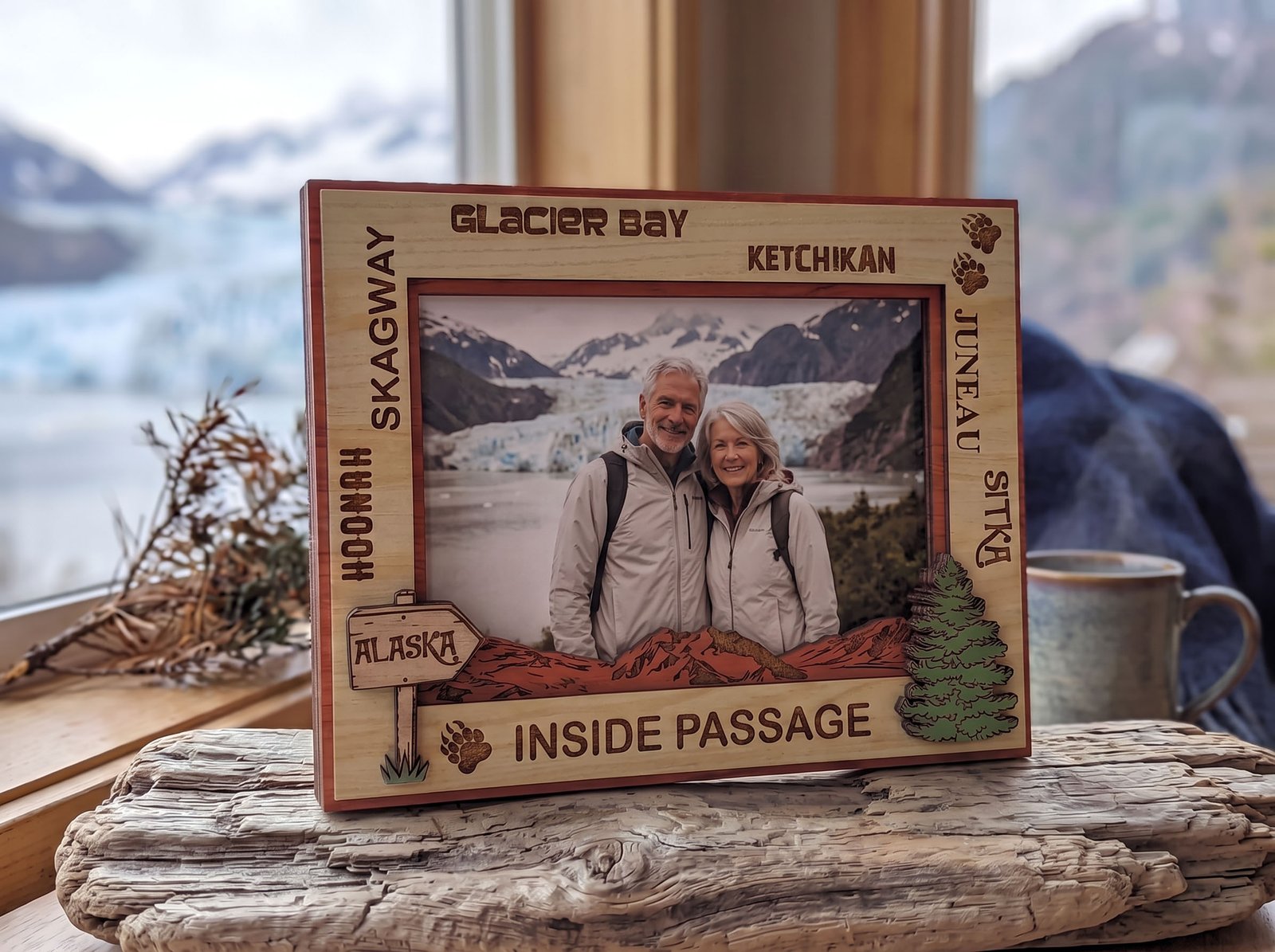 Custom wood photo frame themed around Alaska's Inside Passage, listing Juneau, Sitka, Skagway, Hoonah, Glacier Bay, and Ketchikan