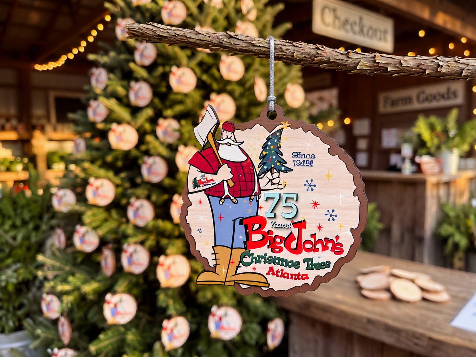 Custom wood ornament celebrating Big John's Christmas Trees' 75th anniversary in Atlanta