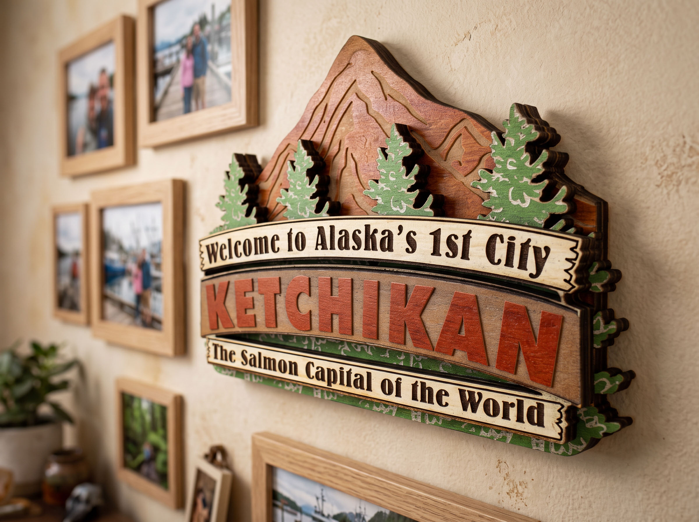 Custom wood wall sign welcoming visitors to Ketchikan, Alaska, "The Salmon Capital of the World"