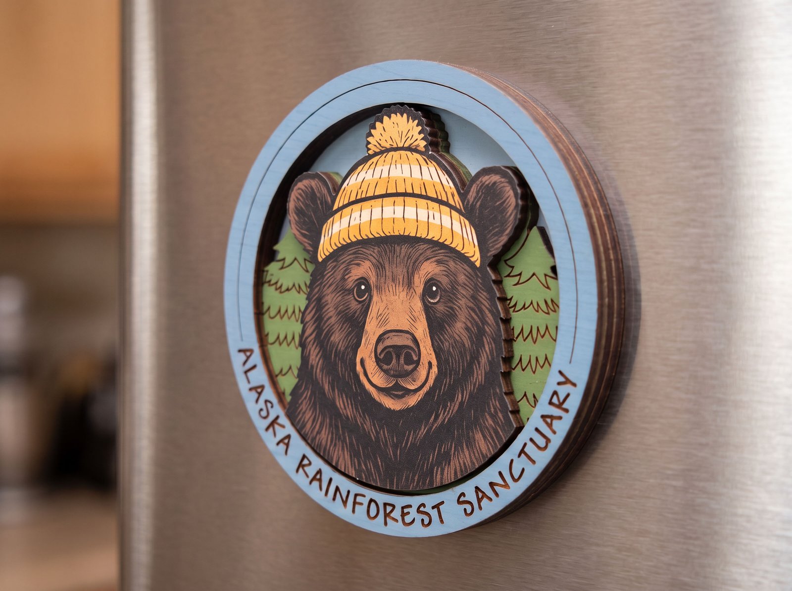 The same Alaska Rainforest Sanctuary bear magnet mounted on a refrigerator door