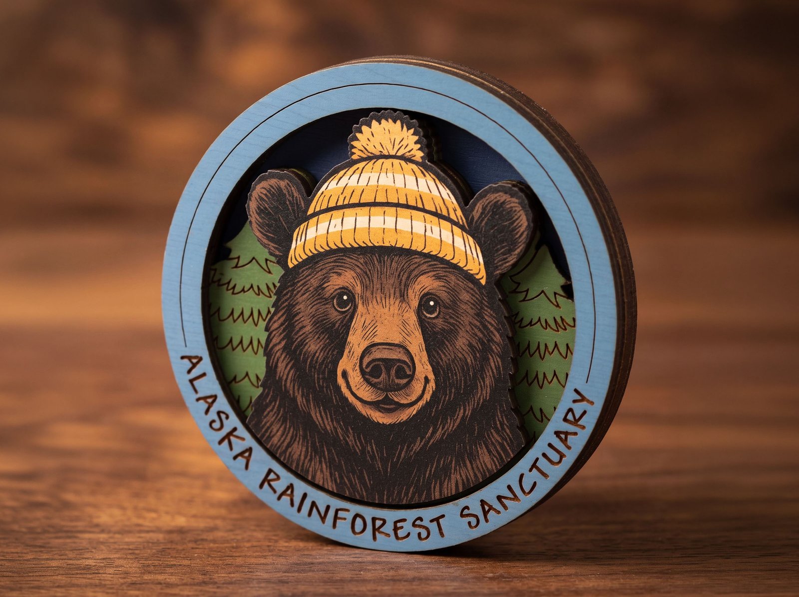 Custom laser-engraved wood magnet of a bear design for the Alaska Rainforest Sanctuary