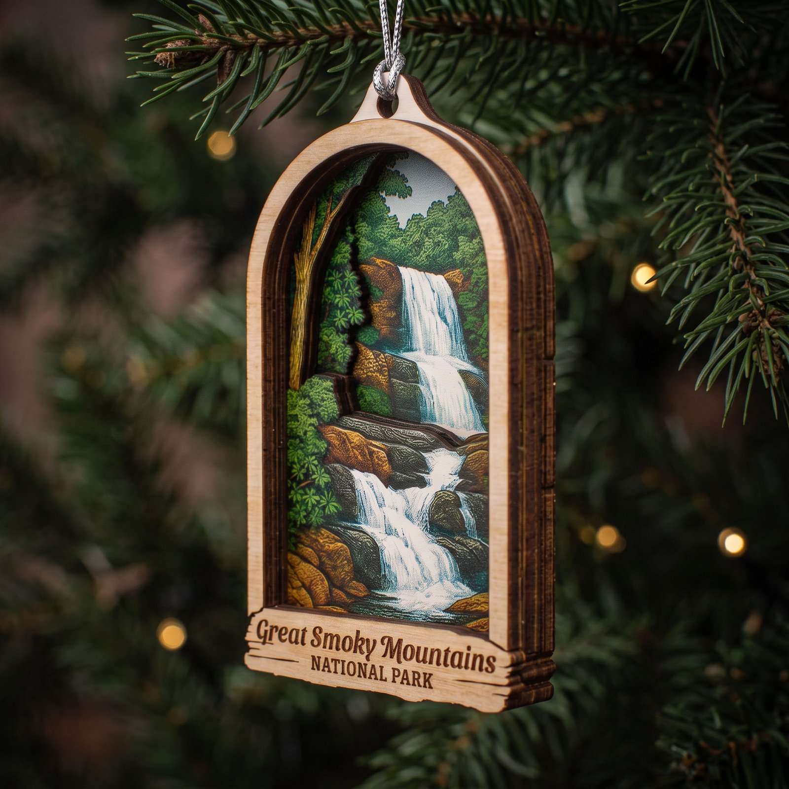 The same Great Smoky Mountains National Park ornament hanging on a tree branch